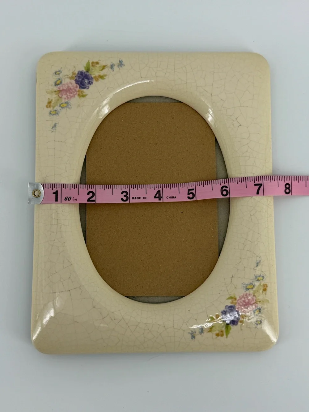 Vintage Ceramic Picture Frame Crackle Glaze Oval Opening, Floral Accents